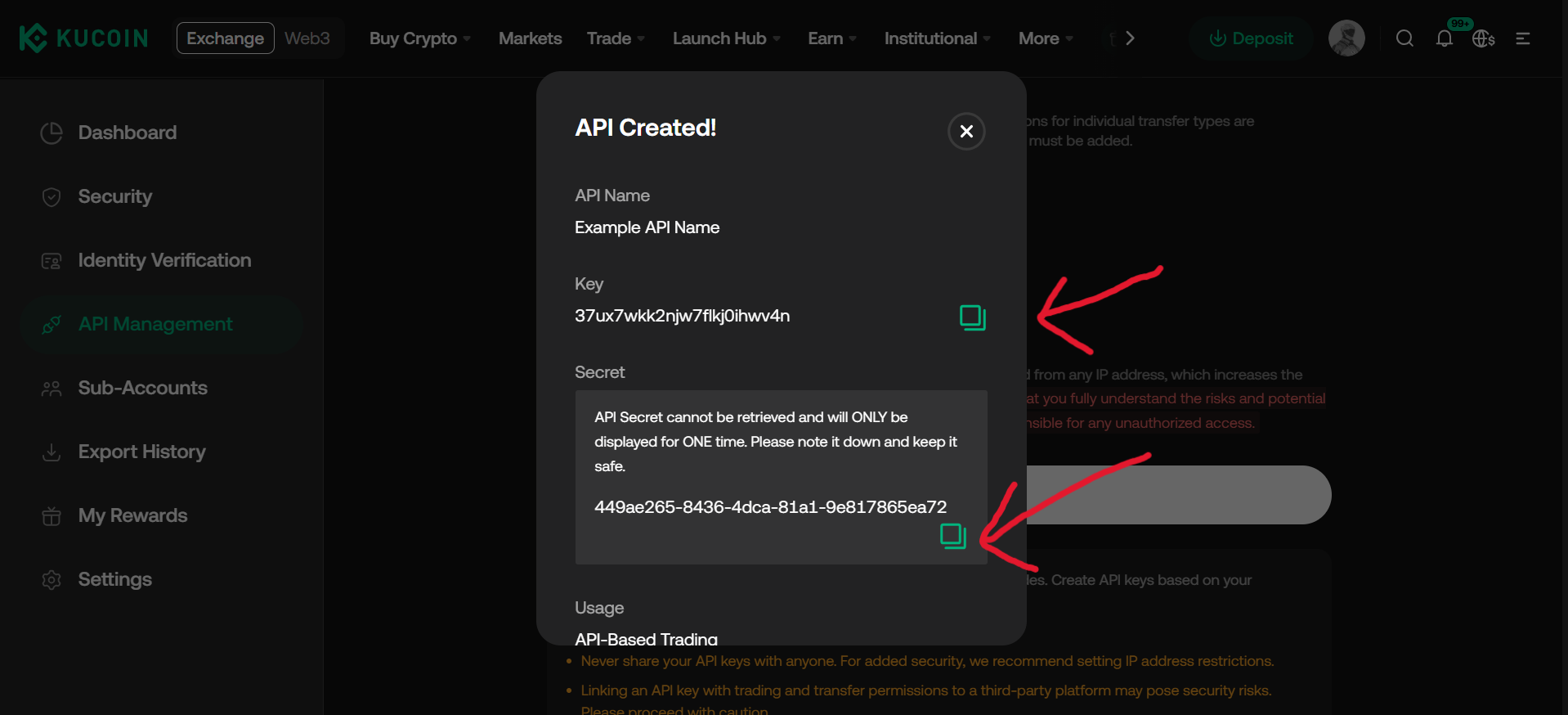 How to copy API keys